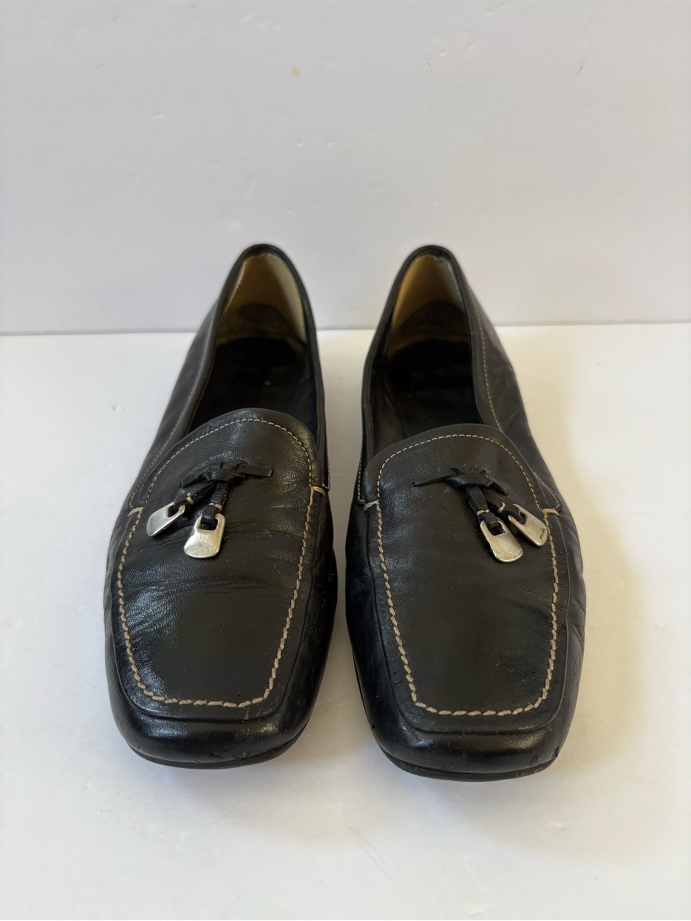 Authentic Prada Black Leather Loafers Flats Logo 36.5 Career Academia Preppy - Picture 2 of 10